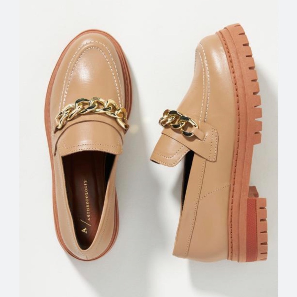 ANTHROPOLOGIE 10 NEW  Chunky Lug Sole Platform Leather Loafers brown